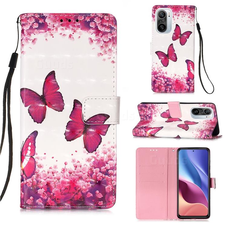Rose Butterfly 3D Painted Leather Wallet Case for Xiaomi Redmi K40 / K40 Pro