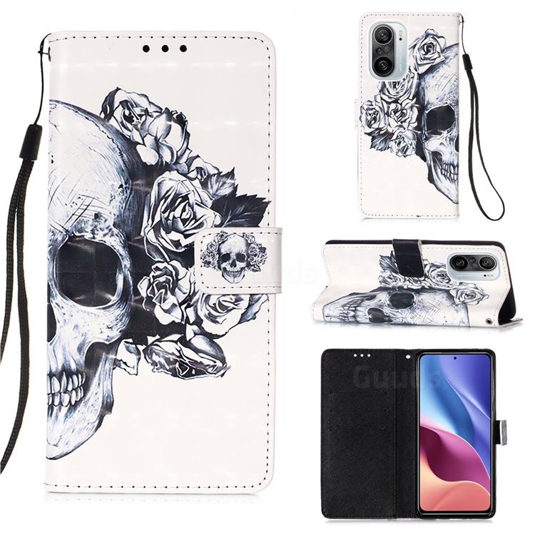 Skull Flower 3D Painted Leather Wallet Case for Xiaomi Redmi K40 / K40 Pro