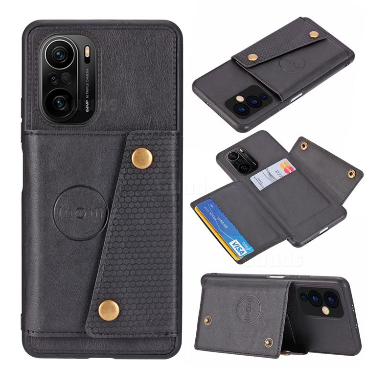 Retro Multifunction Card Slots Stand Leather Coated Phone Back Cover for Xiaomi Redmi K40 / K40 Pro - Black