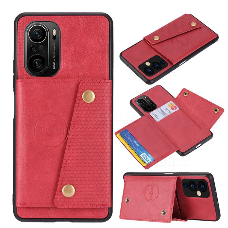 Retro Multifunction Card Slots Stand Leather Coated Phone Back Cover for Xiaomi Redmi K40 / K40 Pro - Red