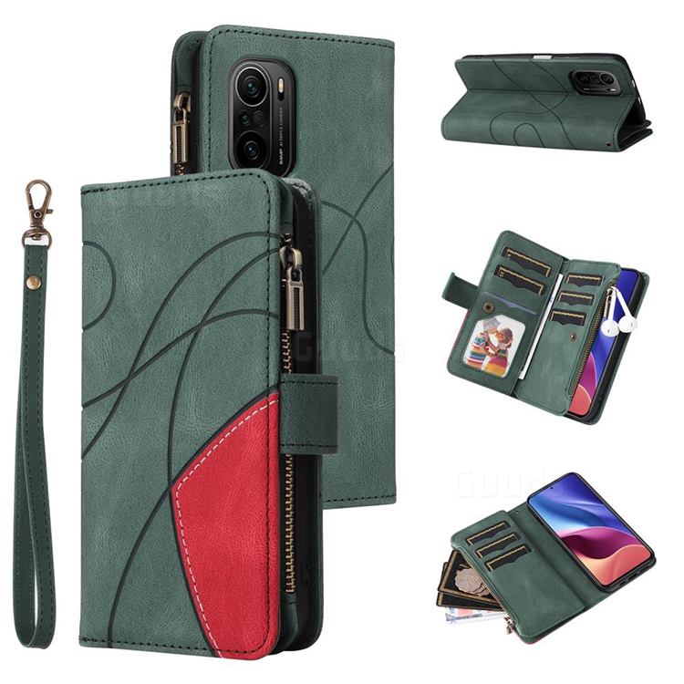 Luxury Two-color Stitching Multi-function Zipper Leather Wallet Case Cover for Xiaomi Redmi K40 / K40 Pro - Green