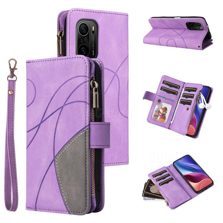 Luxury Two-color Stitching Multi-function Zipper Leather Wallet Case Cover for Xiaomi Redmi K40 / K40 Pro - Purple