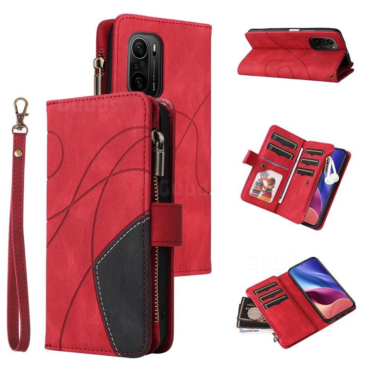 Luxury Two-color Stitching Multi-function Zipper Leather Wallet Case Cover for Xiaomi Redmi K40 / K40 Pro - Red