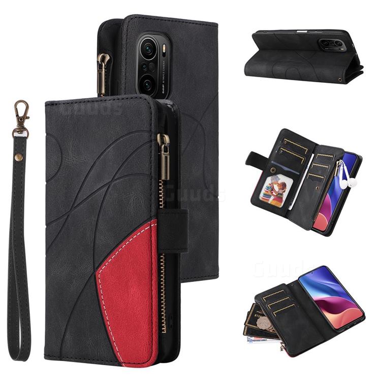 Luxury Two-color Stitching Multi-function Zipper Leather Wallet Case Cover for Xiaomi Redmi K40 / K40 Pro - Black