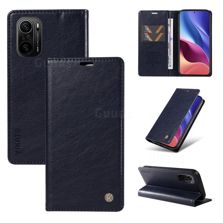 YIKATU Litchi Card Magnetic Automatic Suction Leather Flip Cover for Xiaomi Redmi K40 / K40 Pro - Navy Blue