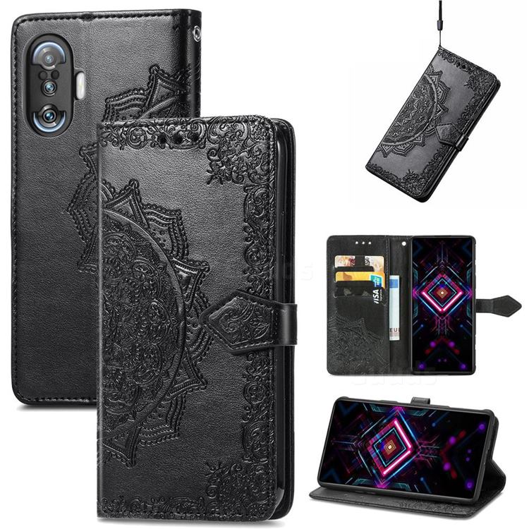 Embossing Imprint Mandala Flower Leather Wallet Case for Xiaomi Redmi K40 Gaming - Black