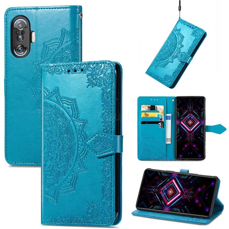 Embossing Imprint Mandala Flower Leather Wallet Case for Xiaomi Redmi K40 Gaming - Blue