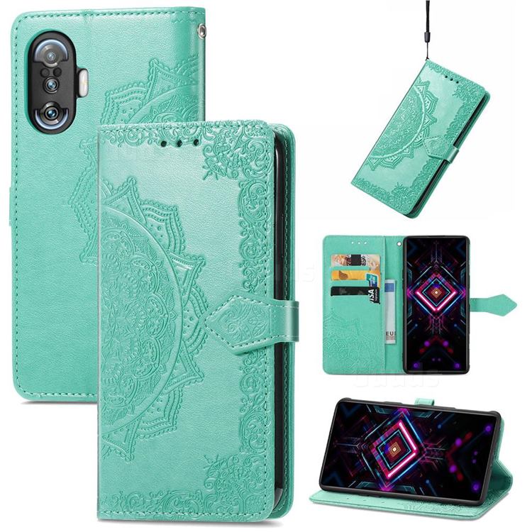 Embossing Imprint Mandala Flower Leather Wallet Case for Xiaomi Redmi K40 Gaming - Green