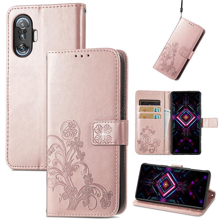 Embossing Imprint Four-Leaf Clover Leather Wallet Case for Xiaomi Redmi K40 Gaming - Rose Gold