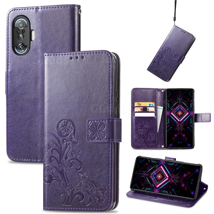 Embossing Imprint Four-Leaf Clover Leather Wallet Case for Xiaomi Redmi K40 Gaming - Purple