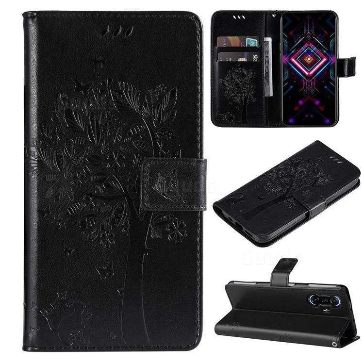 Embossing Butterfly Tree Leather Wallet Case for Xiaomi Redmi K40 Gaming - Black
