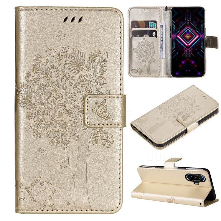 Embossing Butterfly Tree Leather Wallet Case for Xiaomi Redmi K40 Gaming - Champagne