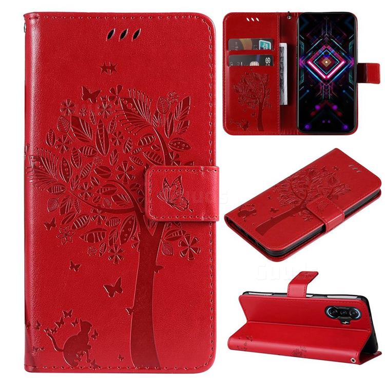 Embossing Butterfly Tree Leather Wallet Case for Xiaomi Redmi K40 Gaming - Red