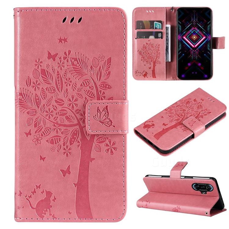 Embossing Butterfly Tree Leather Wallet Case for Xiaomi Redmi K40 Gaming - Pink