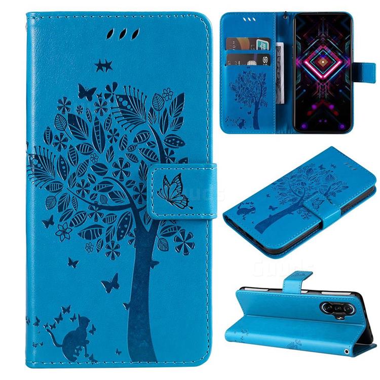 Embossing Butterfly Tree Leather Wallet Case for Xiaomi Redmi K40 Gaming - Blue