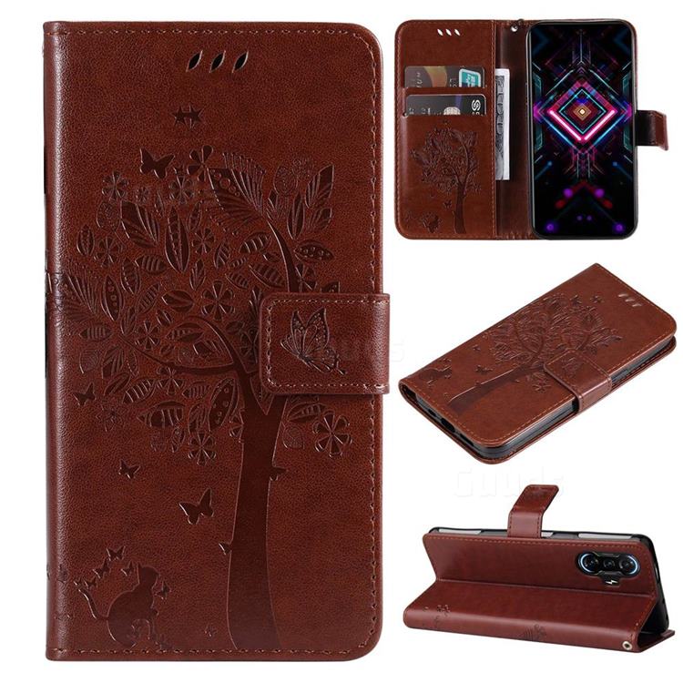 Embossing Butterfly Tree Leather Wallet Case for Xiaomi Redmi K40 Gaming - Coffee