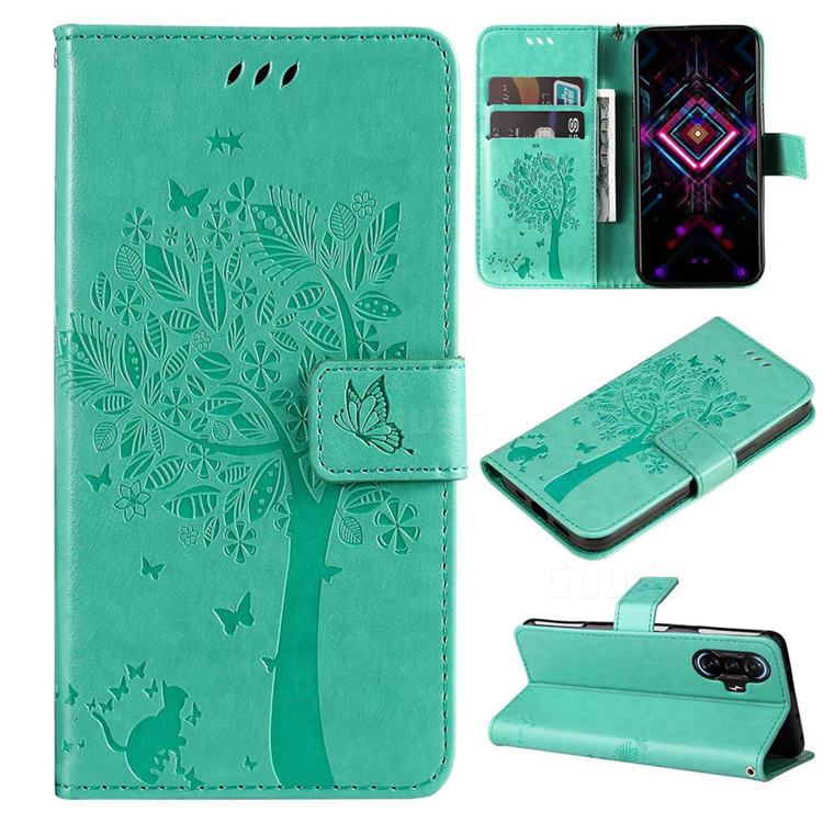 Embossing Butterfly Tree Leather Wallet Case for Xiaomi Redmi K40 Gaming - Cyan