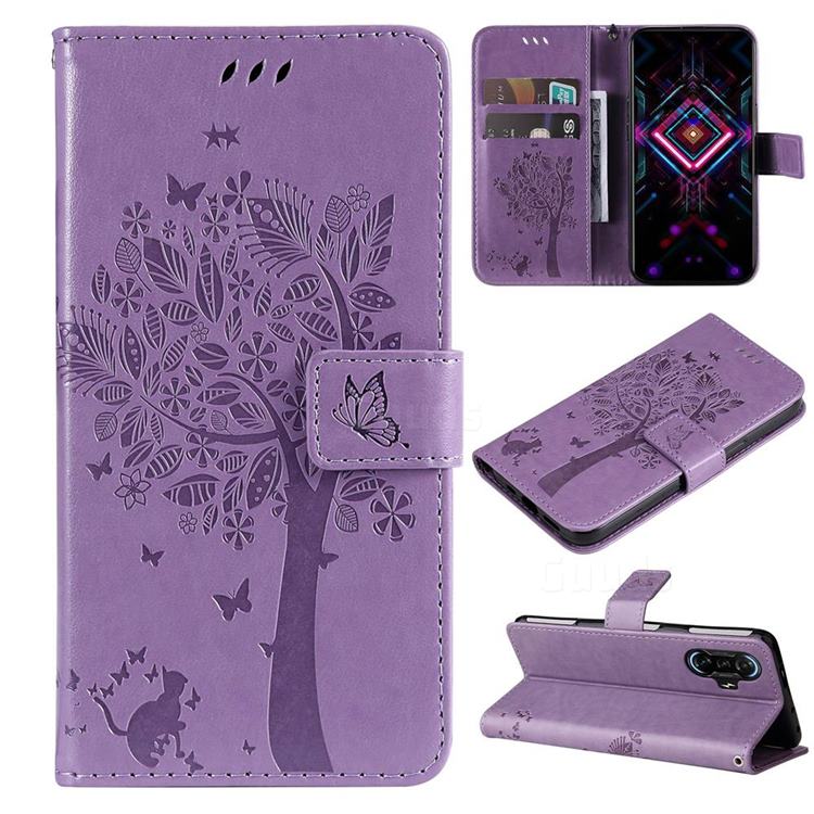 Embossing Butterfly Tree Leather Wallet Case for Xiaomi Redmi K40 Gaming - Violet