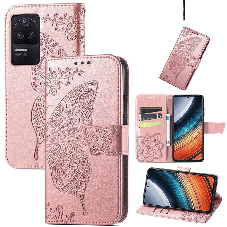 Embossing Mandala Flower Butterfly Leather Wallet Case for Xiaomi Redmi K40S - Rose Gold