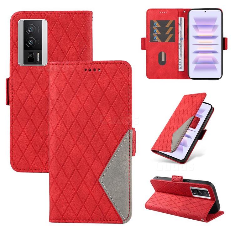 Grid Pattern Splicing Protective Wallet Case Cover for Xiaomi Redmi K60 - Red