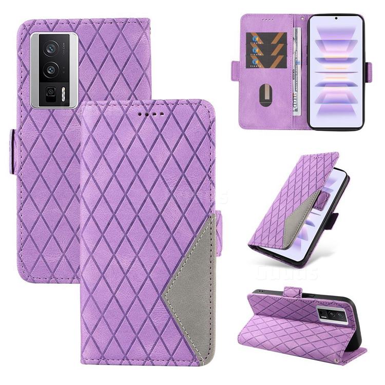 Grid Pattern Splicing Protective Wallet Case Cover for Xiaomi Redmi K60 - Purple