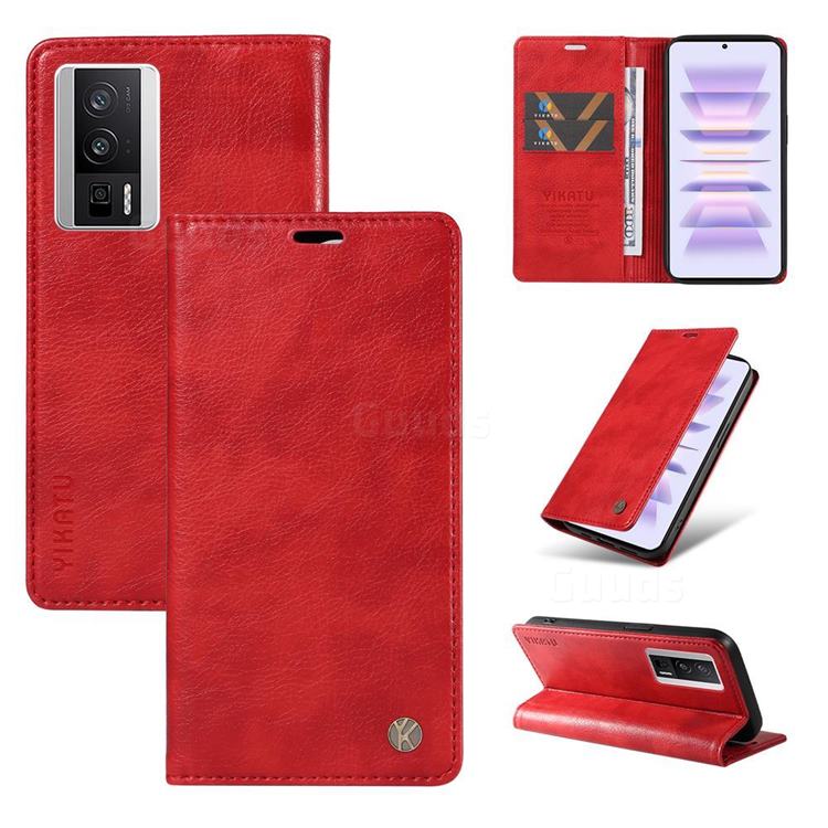 YIKATU Litchi Card Magnetic Automatic Suction Leather Flip Cover for Xiaomi Redmi K60 - Bright Red