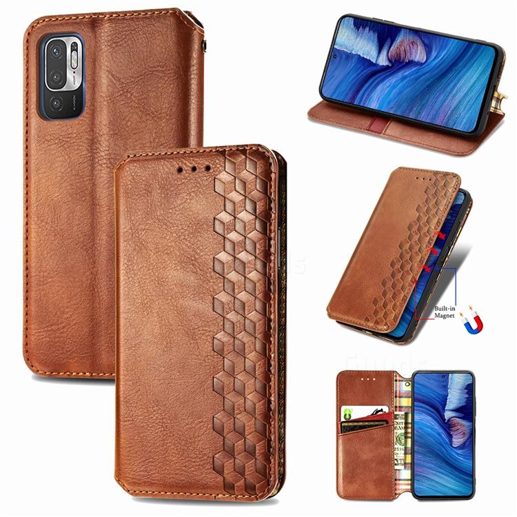 Ultra Slim Fashion Business Card Magnetic Automatic Suction Leather Flip Cover for Xiaomi Redmi Note 10 5G - Brown