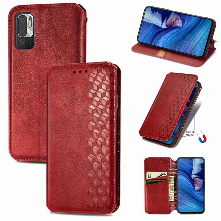 Ultra Slim Fashion Business Card Magnetic Automatic Suction Leather Flip Cover for Xiaomi Redmi Note 10 5G - Red