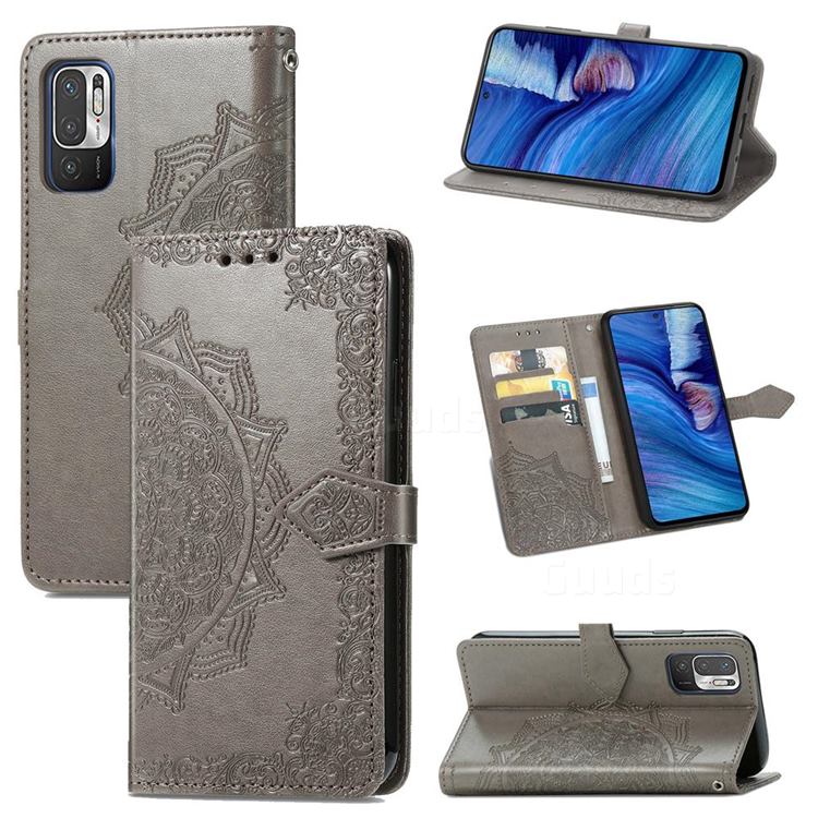 Embossing Imprint Mandala Flower Leather Wallet Case for Xiaomi Redmi Note 10 5G - Gray