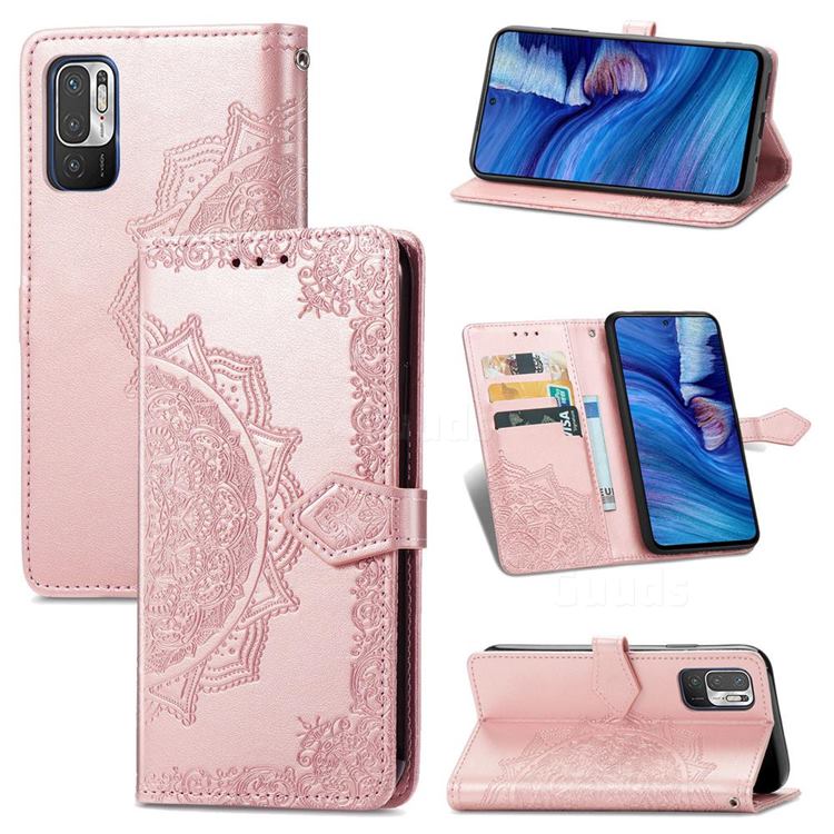 Embossing Imprint Mandala Flower Leather Wallet Case for Xiaomi Redmi Note 10 5G - Rose Gold
