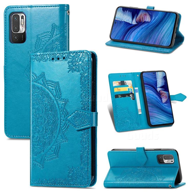 Embossing Imprint Mandala Flower Leather Wallet Case for Xiaomi Redmi Note 10 5G - Blue