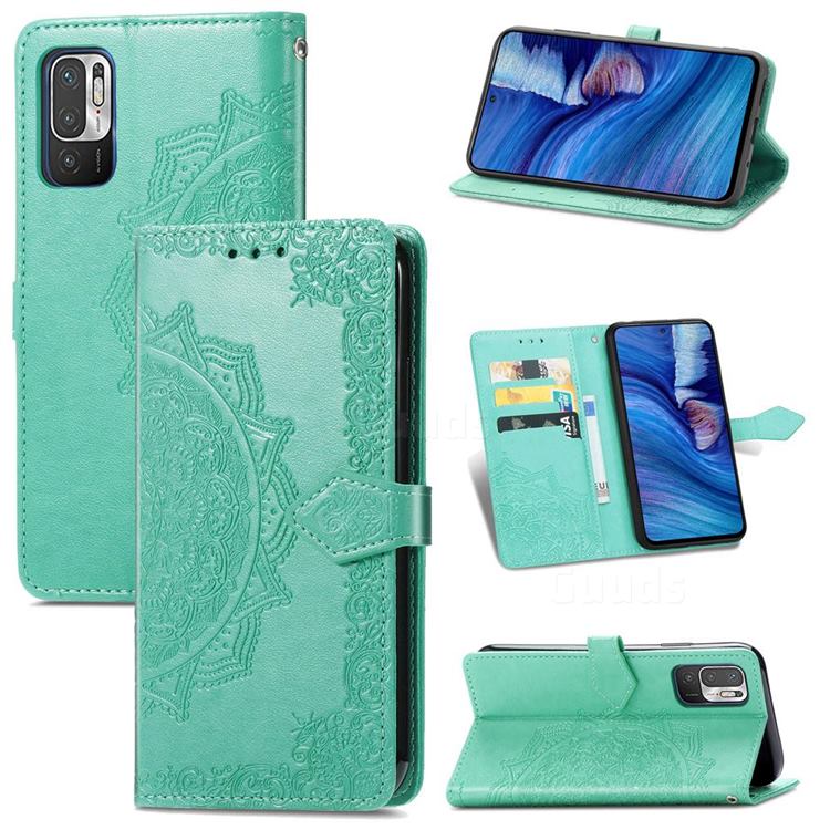 Embossing Imprint Mandala Flower Leather Wallet Case for Xiaomi Redmi Note 10 5G - Green