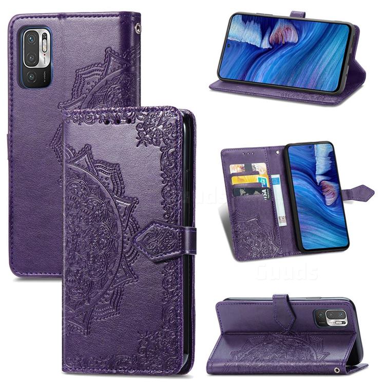 Embossing Imprint Mandala Flower Leather Wallet Case for Xiaomi Redmi Note 10 5G - Purple