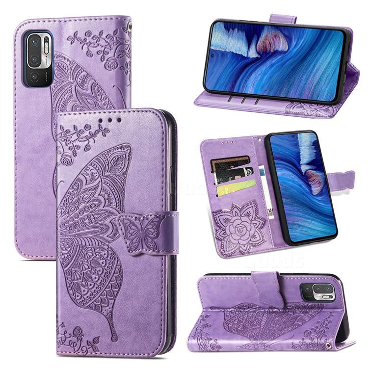 Embossing Mandala Flower Butterfly Leather Wallet Case for Xiaomi Redmi Note 10 5G - Light Purple