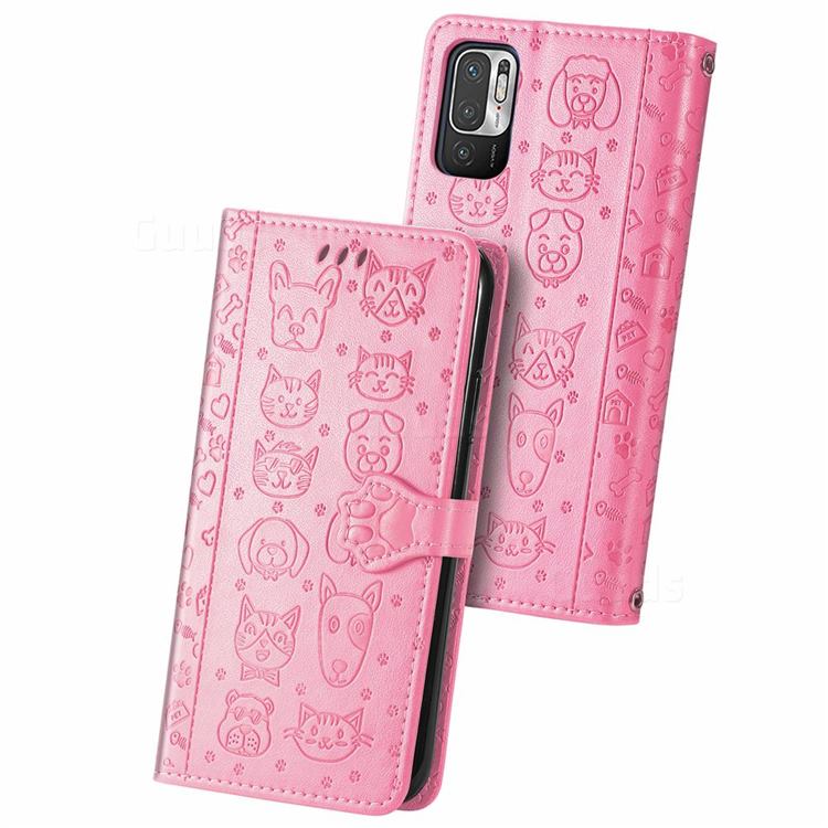 Embossing Dog Paw Kitten and Puppy Leather Wallet Case for Xiaomi Redmi Note 10 5G - Pink
