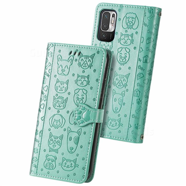Embossing Dog Paw Kitten and Puppy Leather Wallet Case for Xiaomi Redmi Note 10 5G - Green