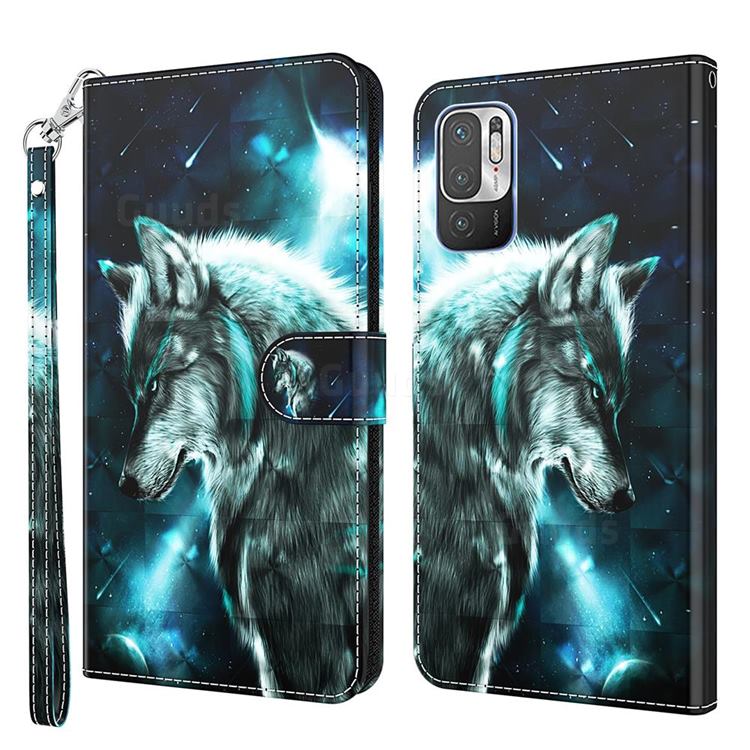 Snow Wolf 3D Painted Leather Wallet Case for Xiaomi Redmi Note 10 5G