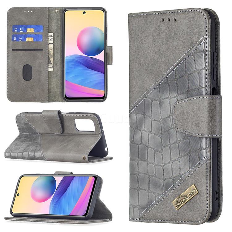 BinfenColor BF04 Color Block Stitching Crocodile Leather Case Cover for Xiaomi Redmi Note 10 5G - Gray
