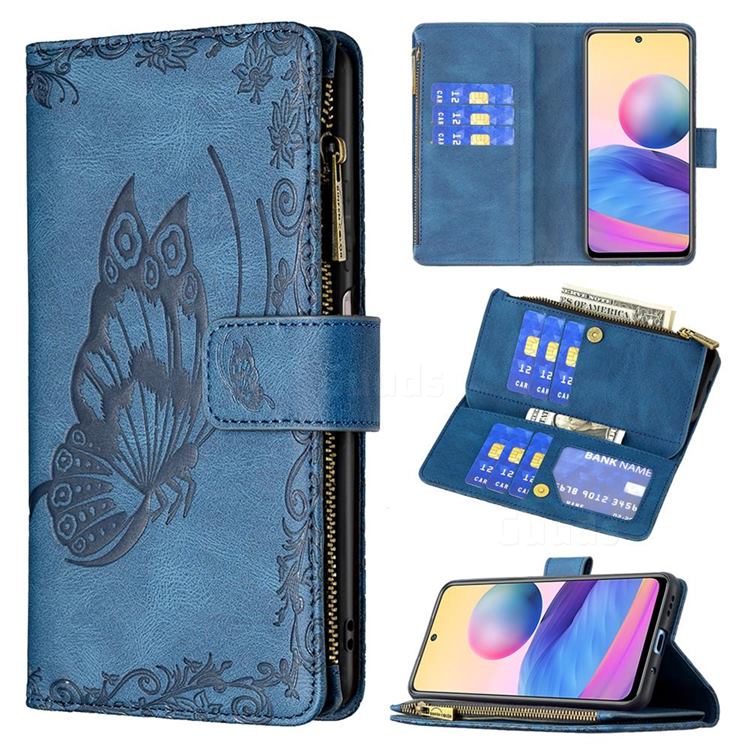 Binfen Color Imprint Vivid Butterfly Buckle Zipper Multi-function Leather Phone Wallet for Xiaomi Redmi Note 10 5G - Blue