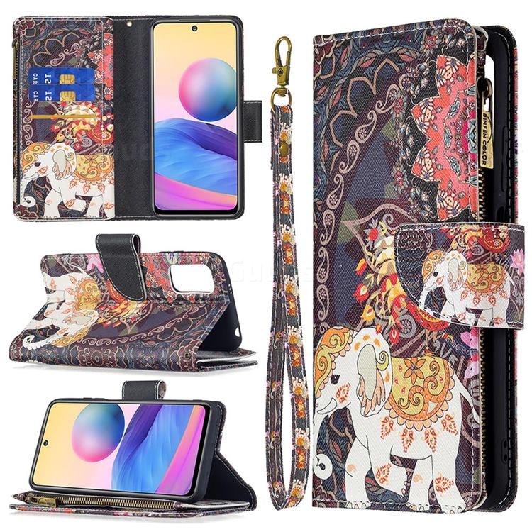 Totem Flower Elephant Binfen Color BF03 Retro Zipper Leather Wallet Phone Case for Xiaomi Redmi Note 10 5G