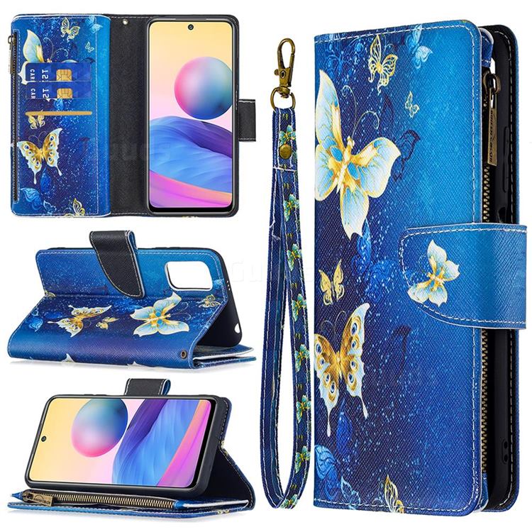 Golden Butterflies Binfen Color BF03 Retro Zipper Leather Wallet Phone Case for Xiaomi Redmi Note 10 5G