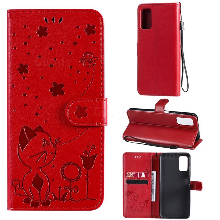 Embossing Bee and Cat Leather Wallet Case for Xiaomi Redmi Note 10 5G - Red