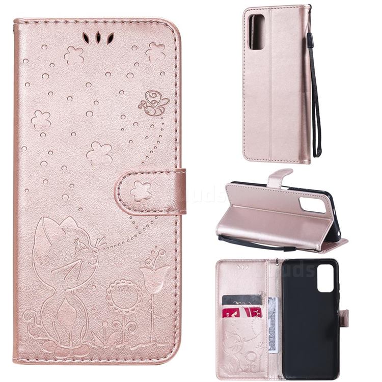 Embossing Bee and Cat Leather Wallet Case for Xiaomi Redmi Note 10 5G - Rose Gold