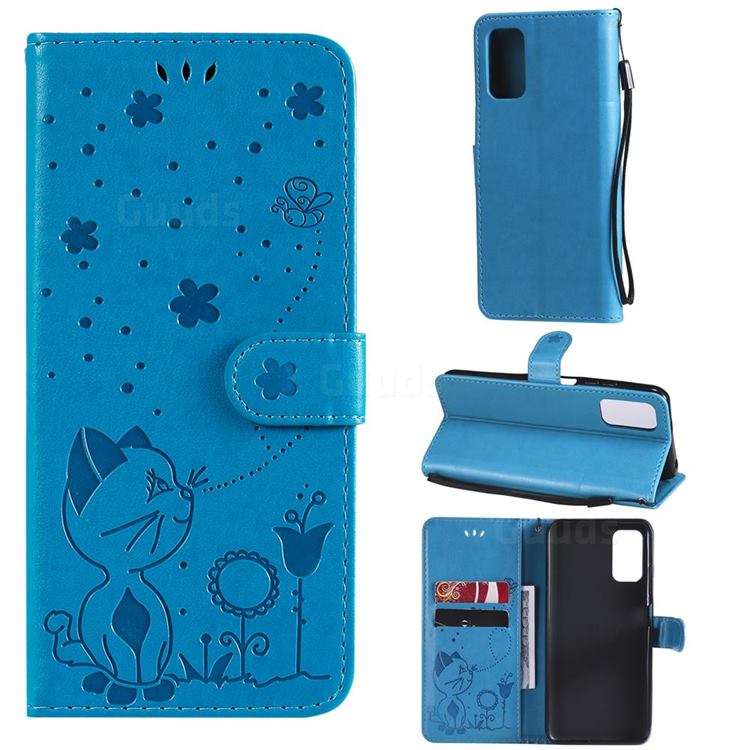 Embossing Bee and Cat Leather Wallet Case for Xiaomi Redmi Note 10 5G - Blue
