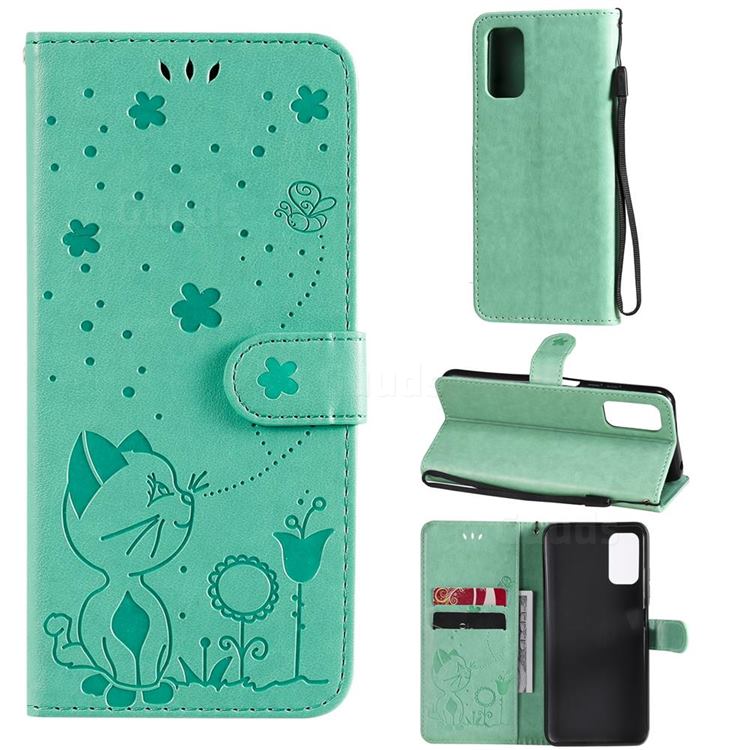Embossing Bee and Cat Leather Wallet Case for Xiaomi Redmi Note 10 5G - Green