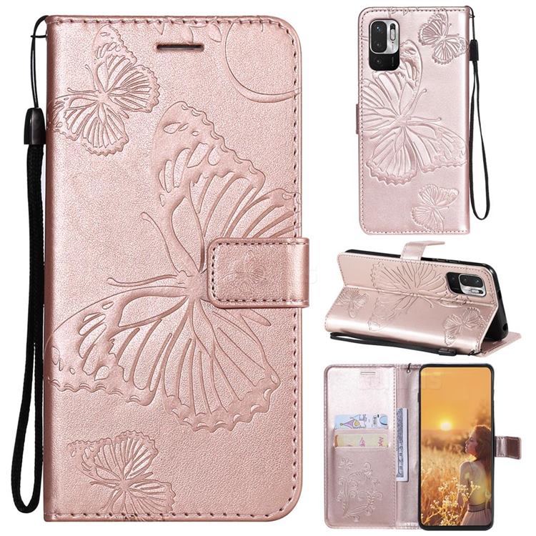 Embossing 3D Butterfly Leather Wallet Case for Xiaomi Redmi Note 10 5G - Rose Gold