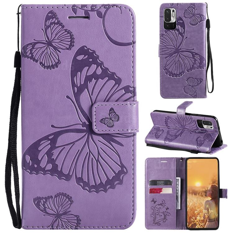 Embossing 3D Butterfly Leather Wallet Case for Xiaomi Redmi Note 10 5G - Purple