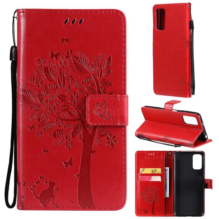 Embossing Butterfly Tree Leather Wallet Case for Xiaomi Redmi Note 10 5G - Red