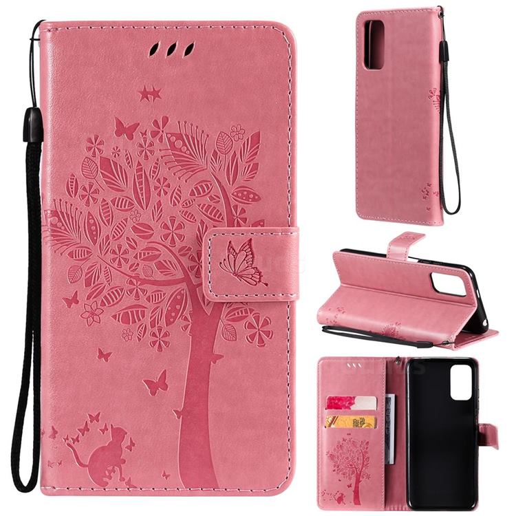 Embossing Butterfly Tree Leather Wallet Case for Xiaomi Redmi Note 10 5G - Pink