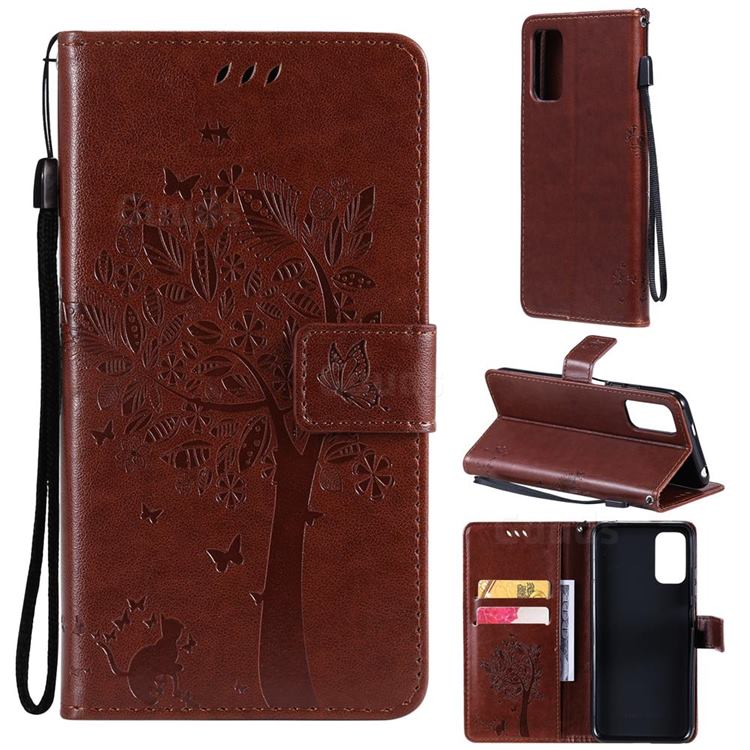 Embossing Butterfly Tree Leather Wallet Case for Xiaomi Redmi Note 10 5G - Coffee